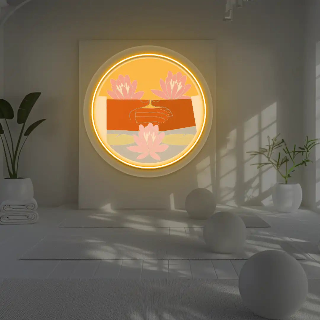 Dhyana Mudra Lotus Neon Artwork lighting up in orange color in a yoga room