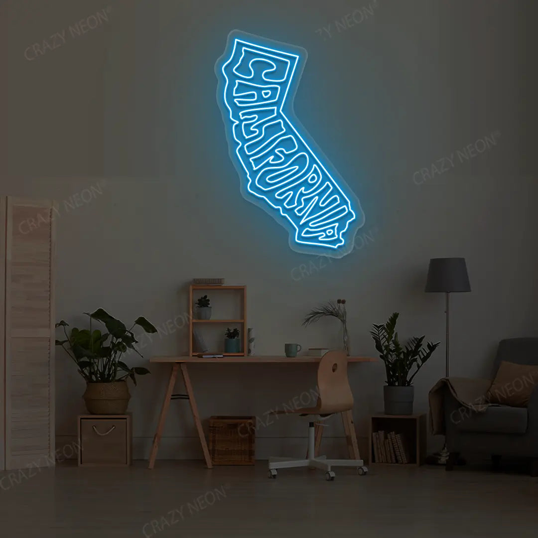 CALIFORNIA Map Neon Sign lighting up in iceblue color in a room