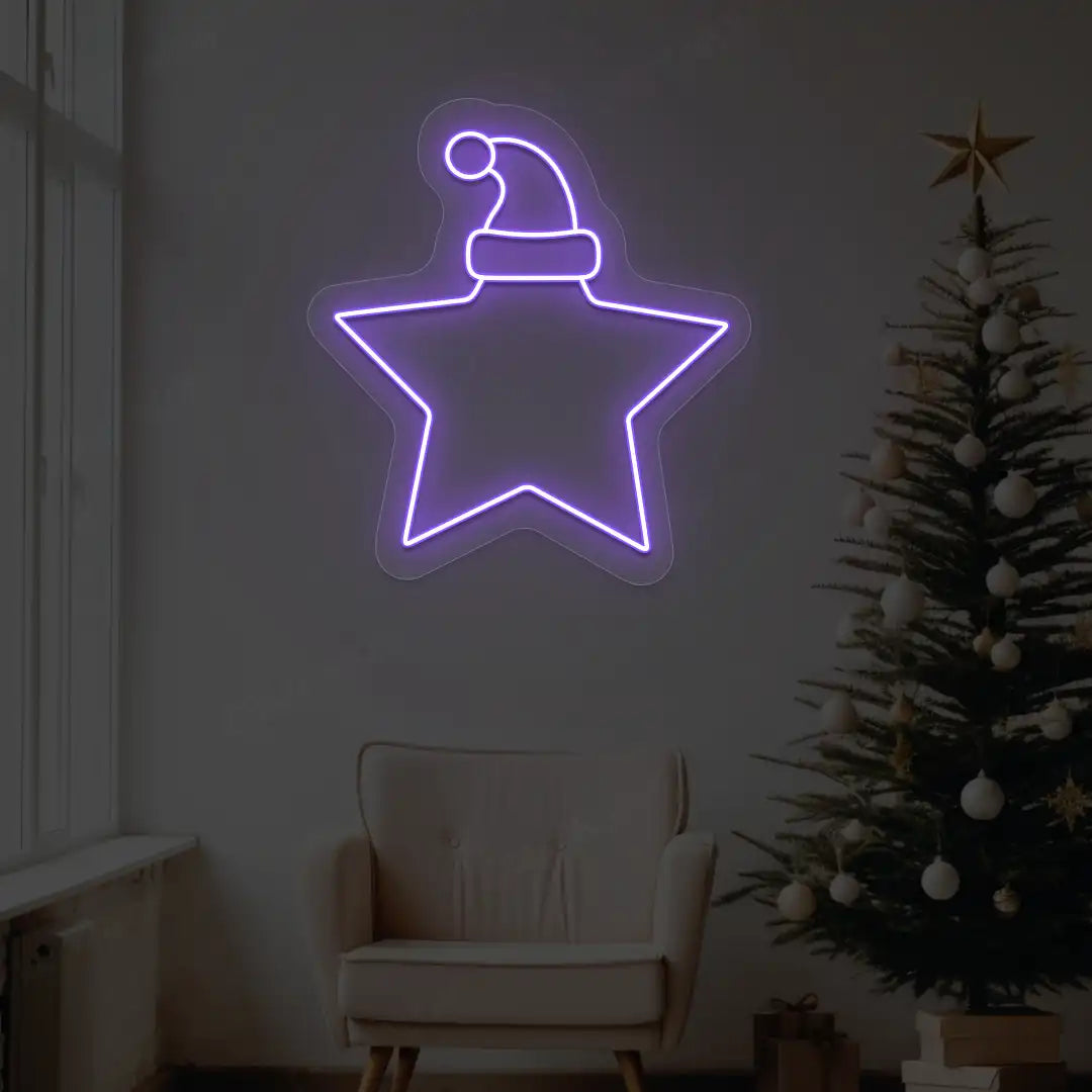 Santa Hat On Star Neon Sign | Purple