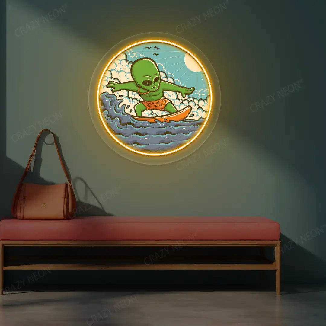orange alien surfer neon artwork mounted on a wall