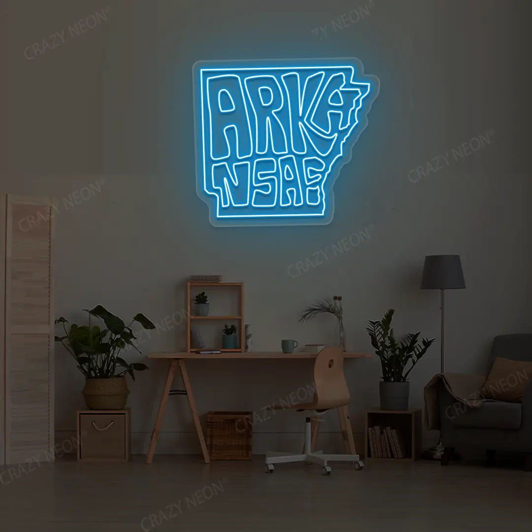 ARKANSAS Map Neon Sign lighting up in iceblue color in a room