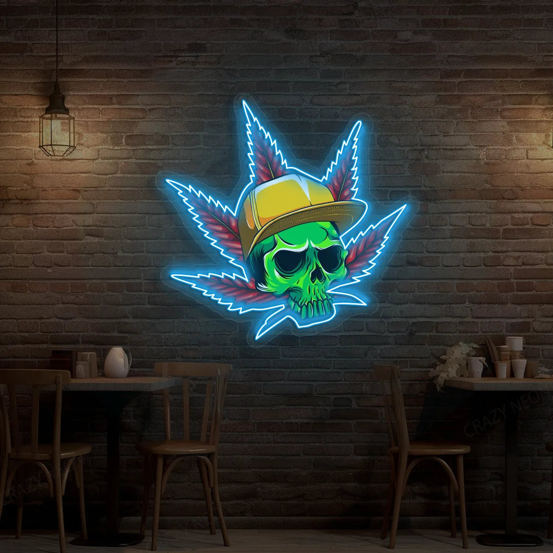 Skull Cap Weed Leaf Neon Artwork in iceblue  color