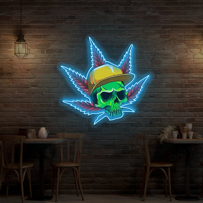 Skull Cap Weed Leaf Neon Artwork in iceblue  color