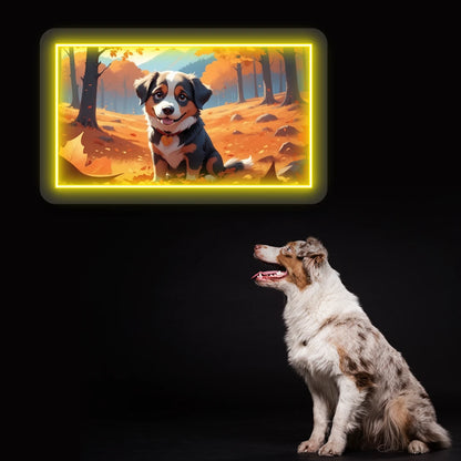Autumn Forest Australian Shepherd Puppy Neon Artwork in Yellow