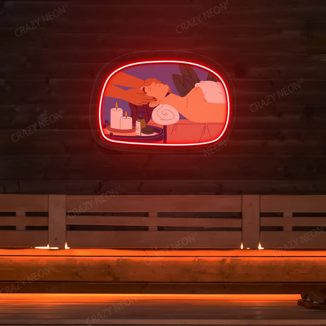 Relaxation Massage Neon Artwork lighting up in red color on a wooden spa wall
