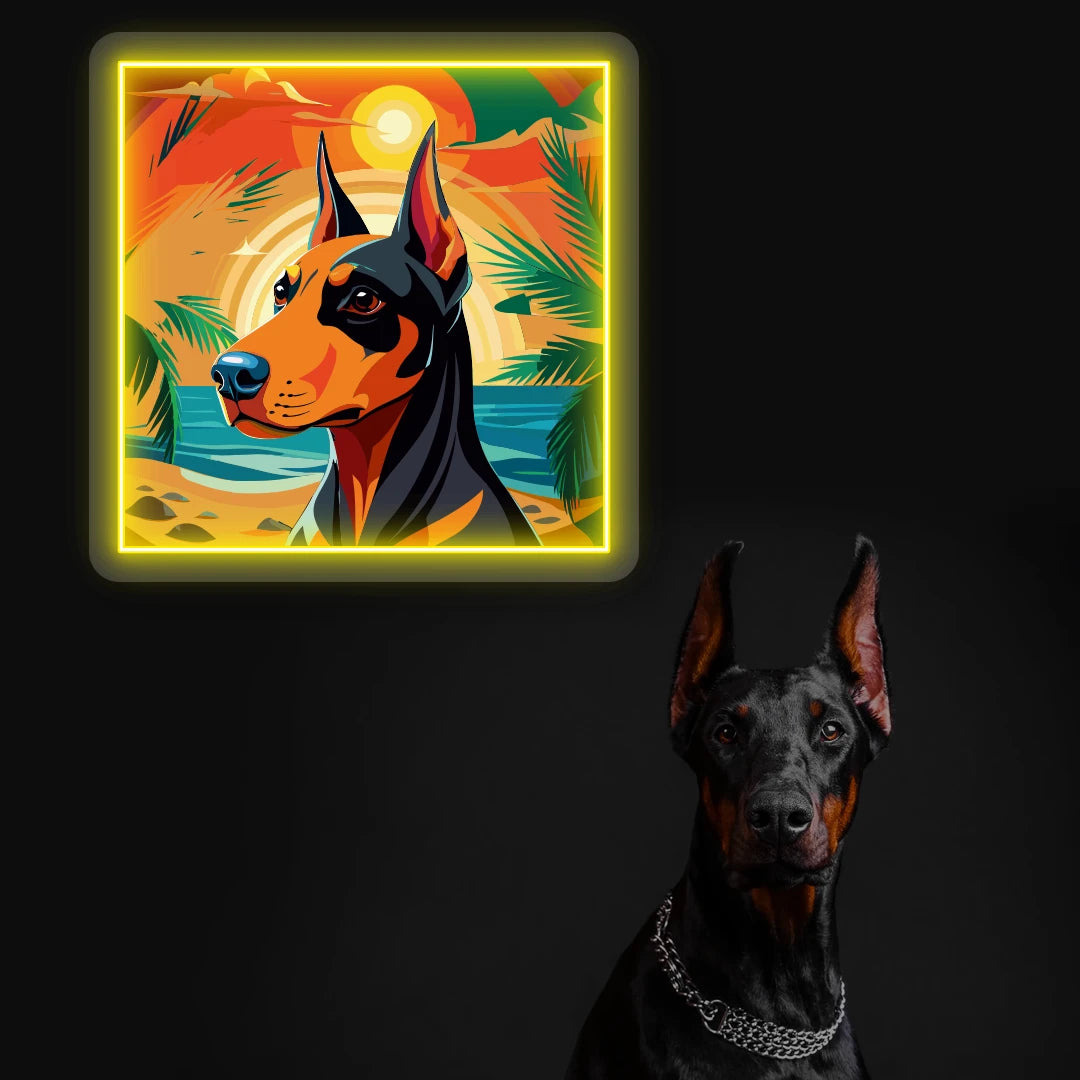 Tropical Sunset Doberman Neon Artwork in yellow color