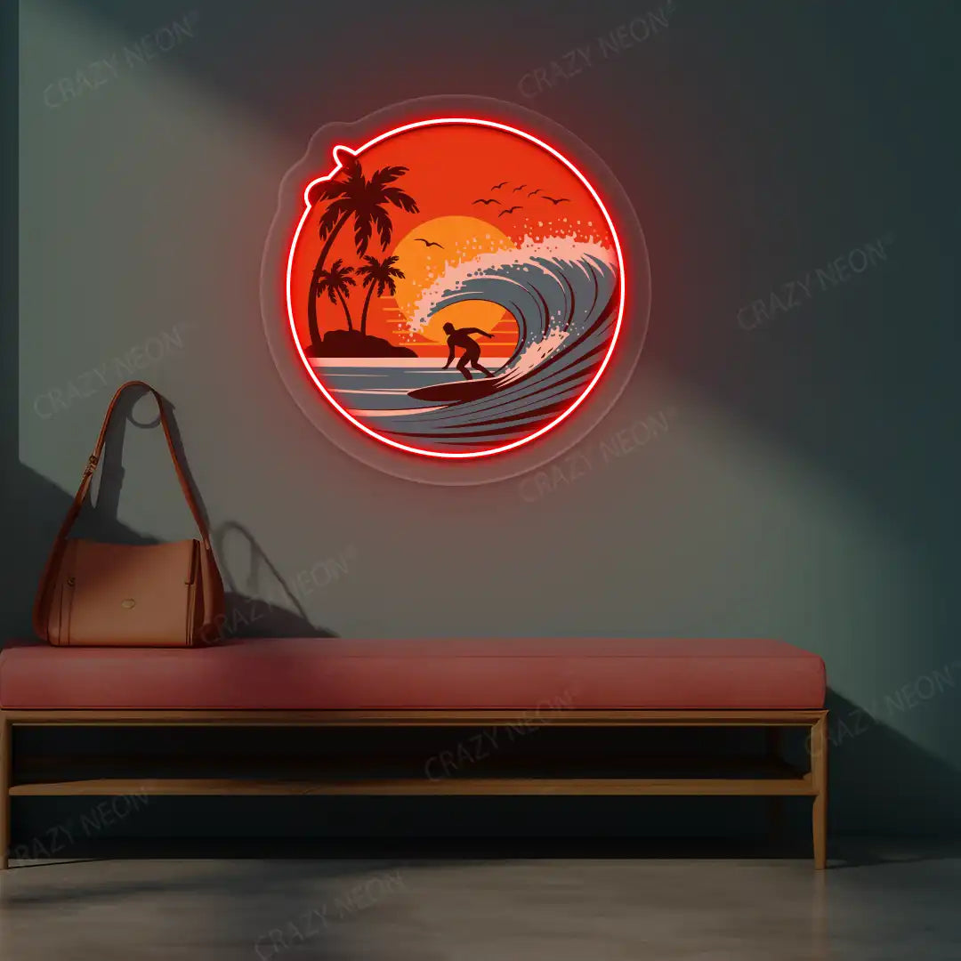 red sunset surfer riding wave neon artwork mounted on a wall