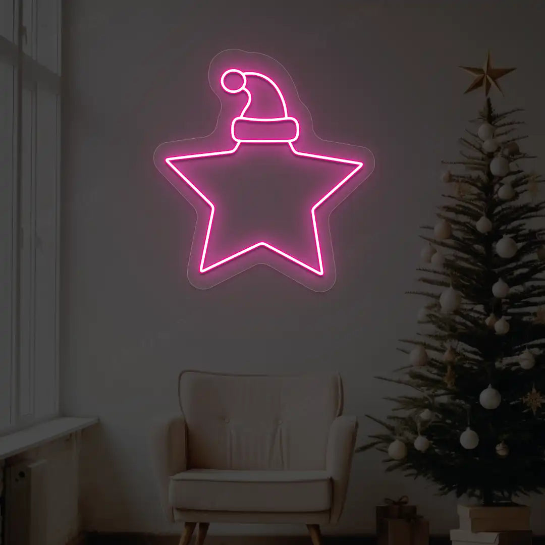 Santa Hat On Star Neon Sign | Pink