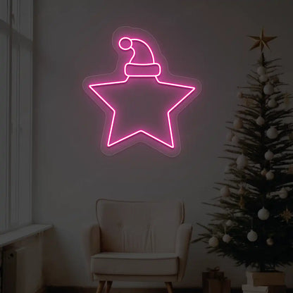Santa Hat On Star Neon Sign | Pink