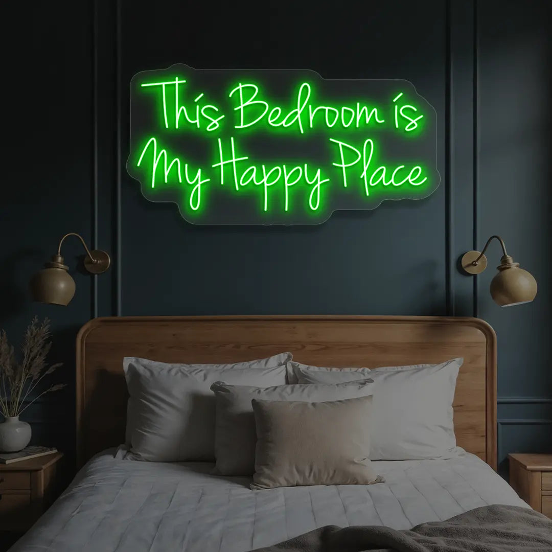 green this bedroom is my happy place neon sign mounted on a wall