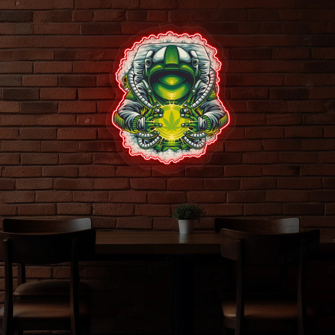 Cosmic Weed Astronaut Neon Artwork in Red Color