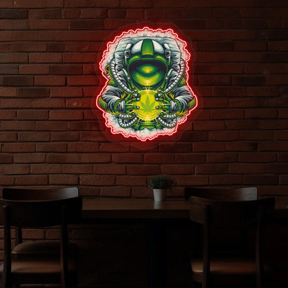 Cosmic Weed Astronaut Neon Artwork in Red Color
