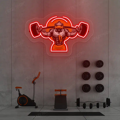 red muscular duck powerlifting gym neon artwork mounted on a wall