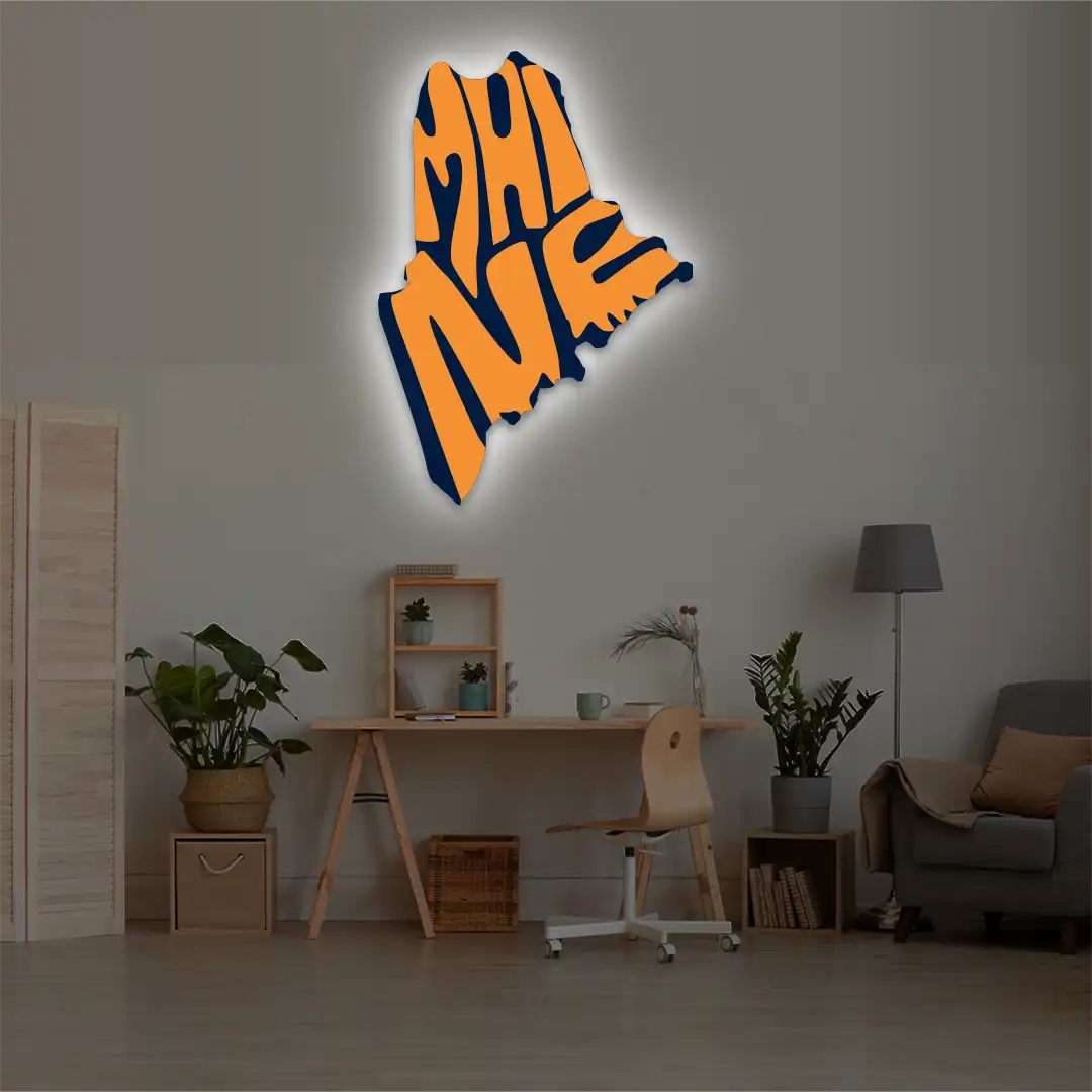 Maine map backlit metal wall art vinyl print with warm white LED glow