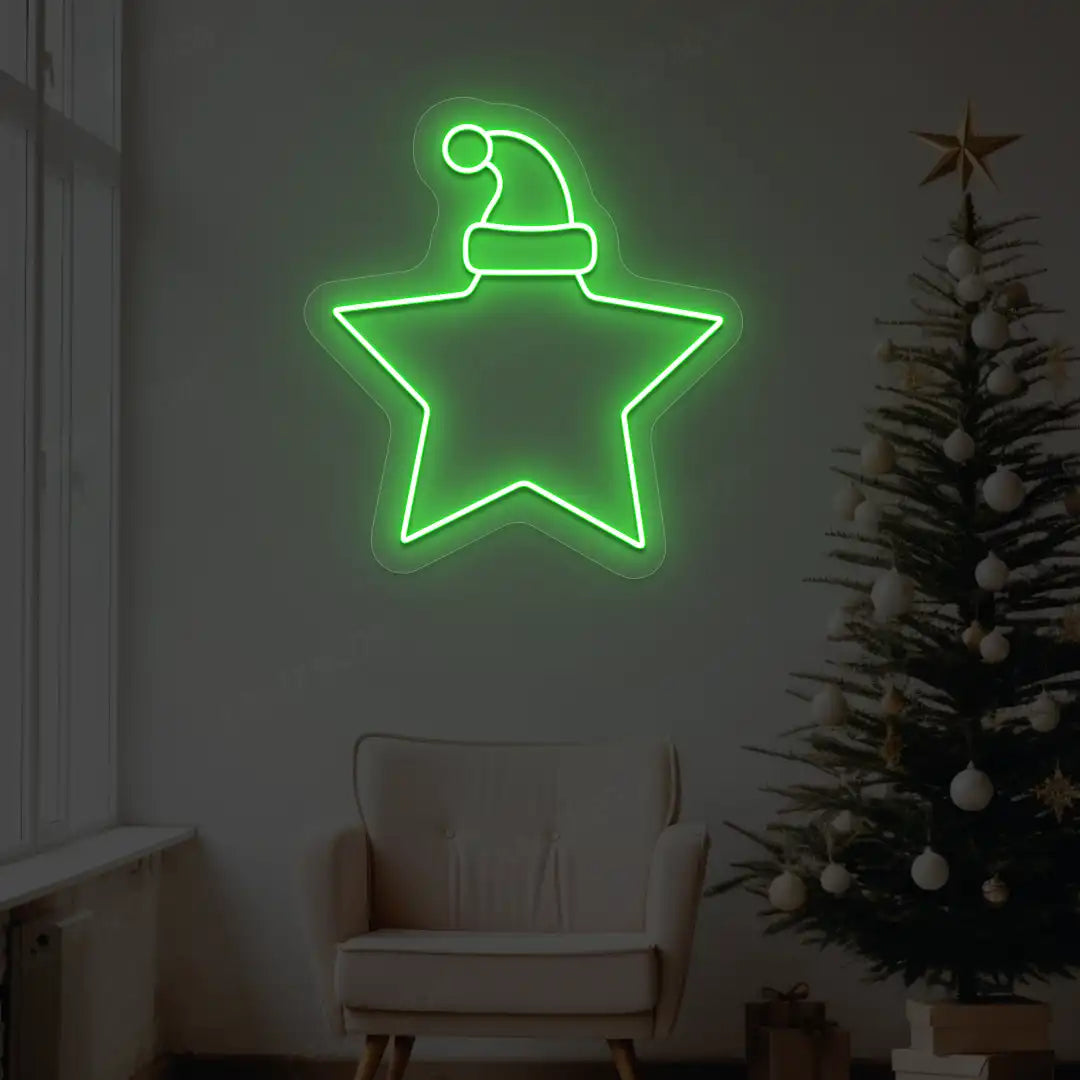 Santa Hat On Star Neon Sign | Green
