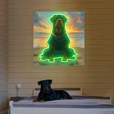 Sunset Beach Rottweiler Meditation Neon Artwork in Green Color