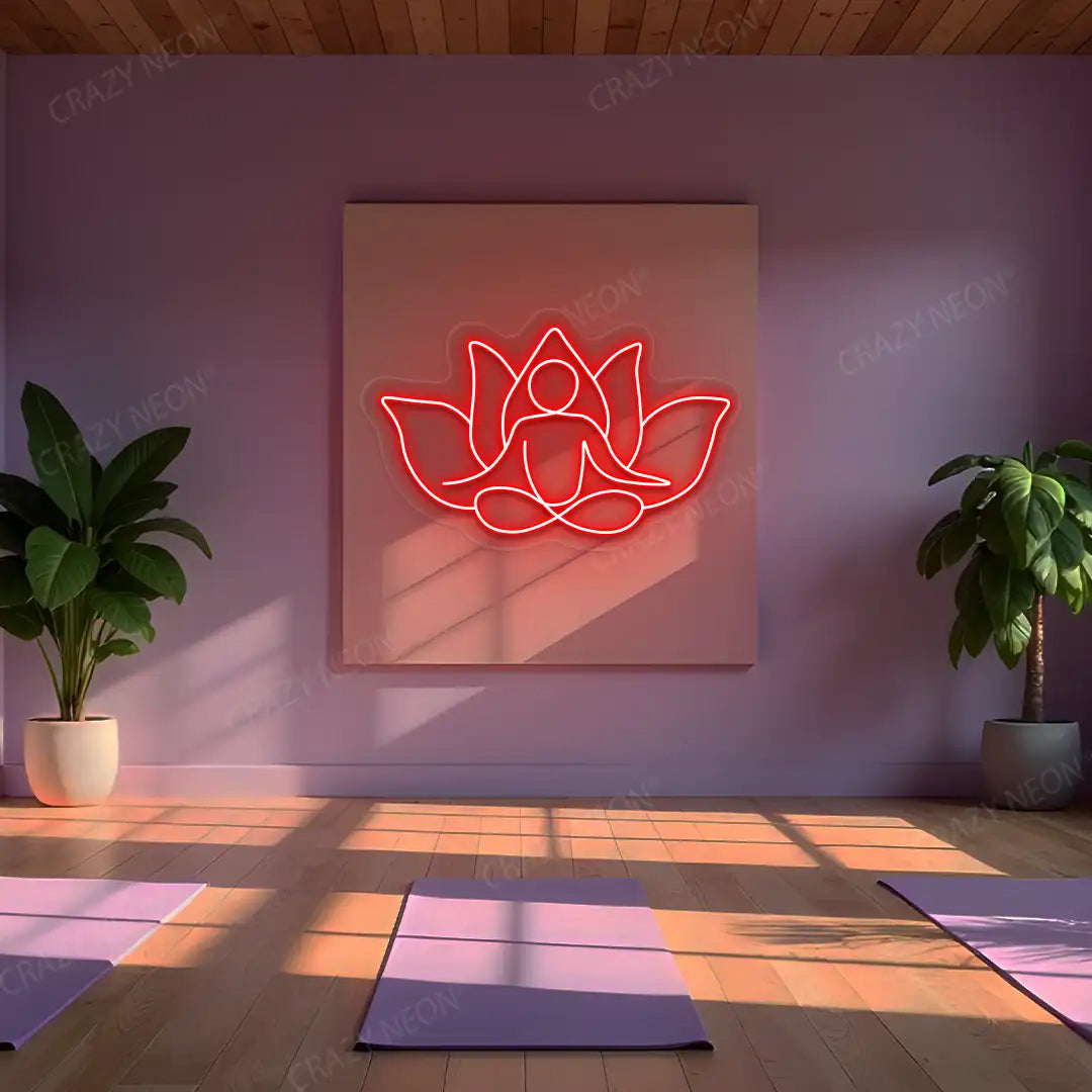 Lotus Meditation Neon Sign lighting up in red color in a yoga room