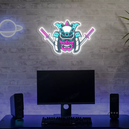 Samurai Mask Neon Artwork in Warm White color Mounted on Wall