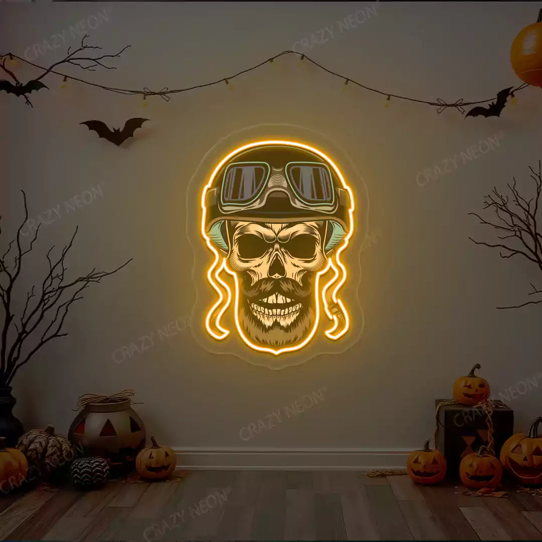 Aviator Skull Neon Artwork | Orange