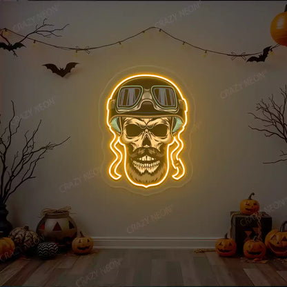 Aviator Skull Neon Artwork | Orange