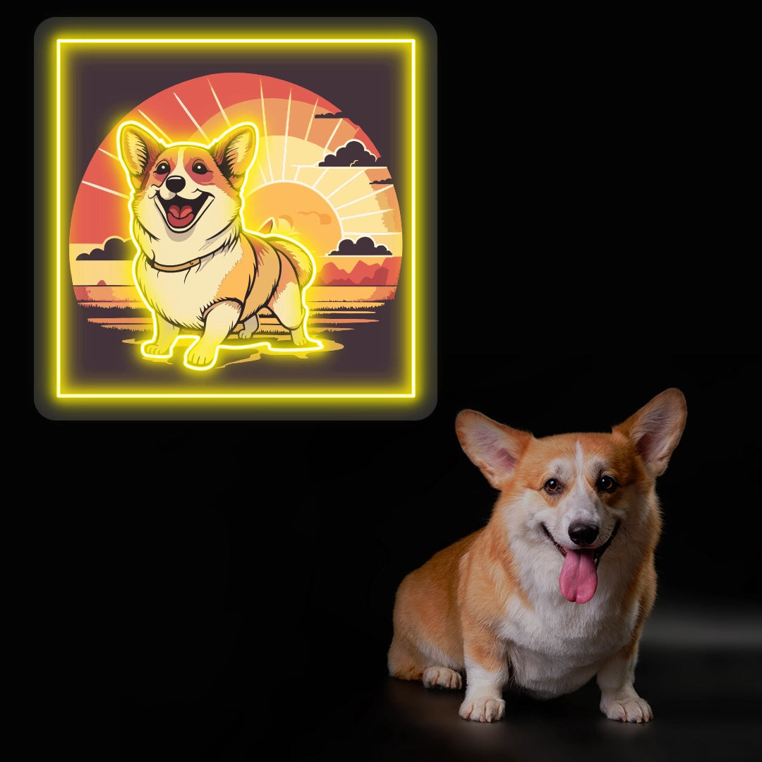 Smiling Corgi Sunset Portrait Neon Artwork in Yellow color