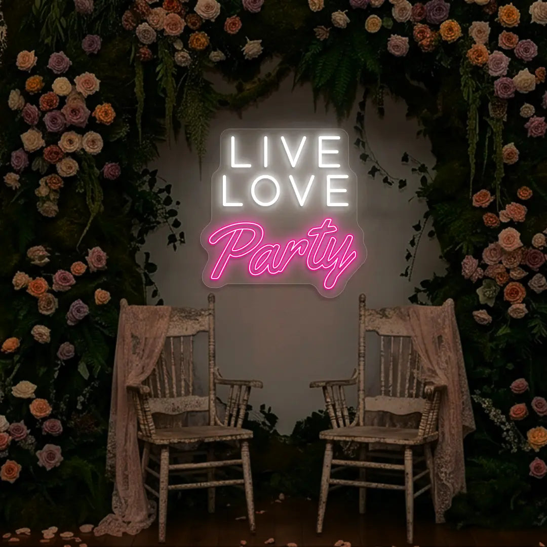 Live Love Party Neon Sign in Pink