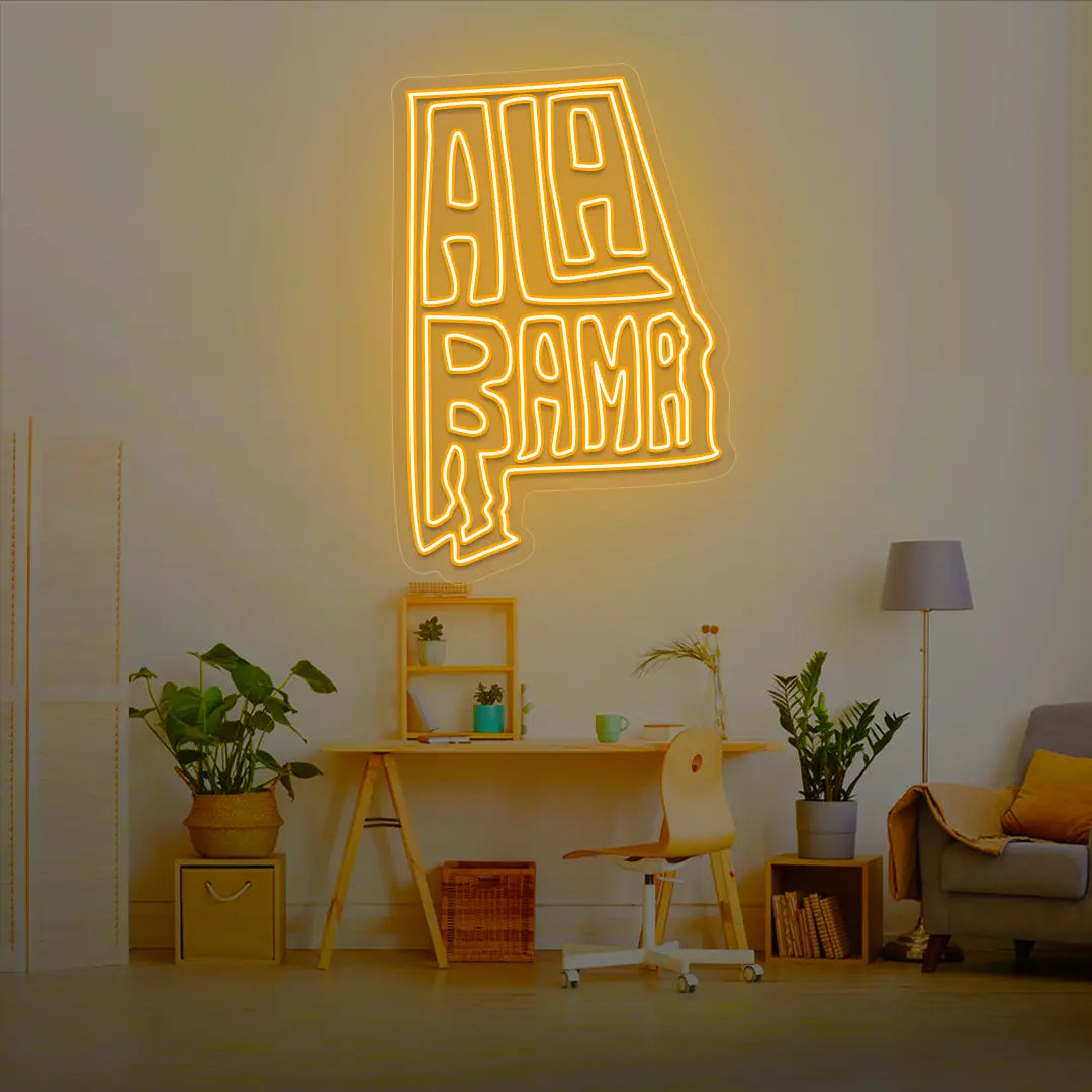 ALABAMA Map Neon Sign lighting up in orange color in a room