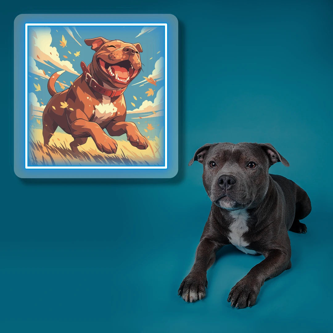 Happy Staffordshire Bull Terrier Portrait Neon Artwork  in Iceblue color