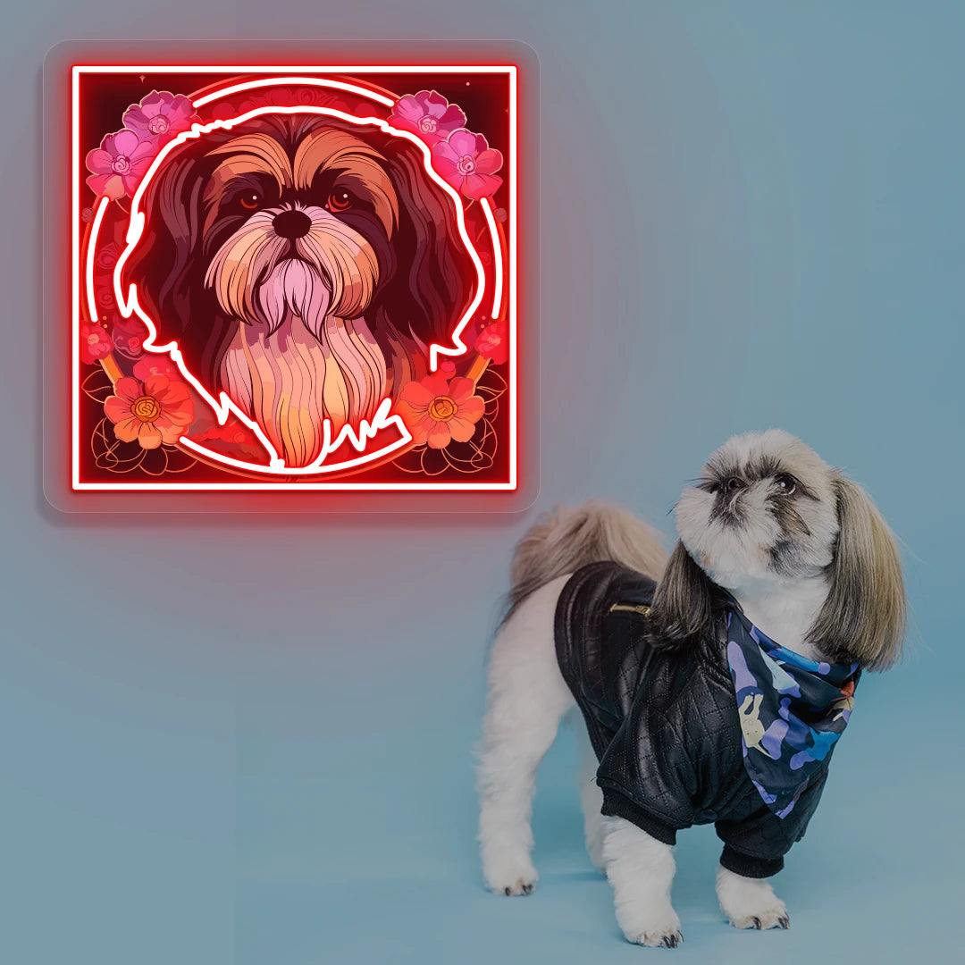 Floral Halo Shih Tzu Portrait Neon Artwork in Red color