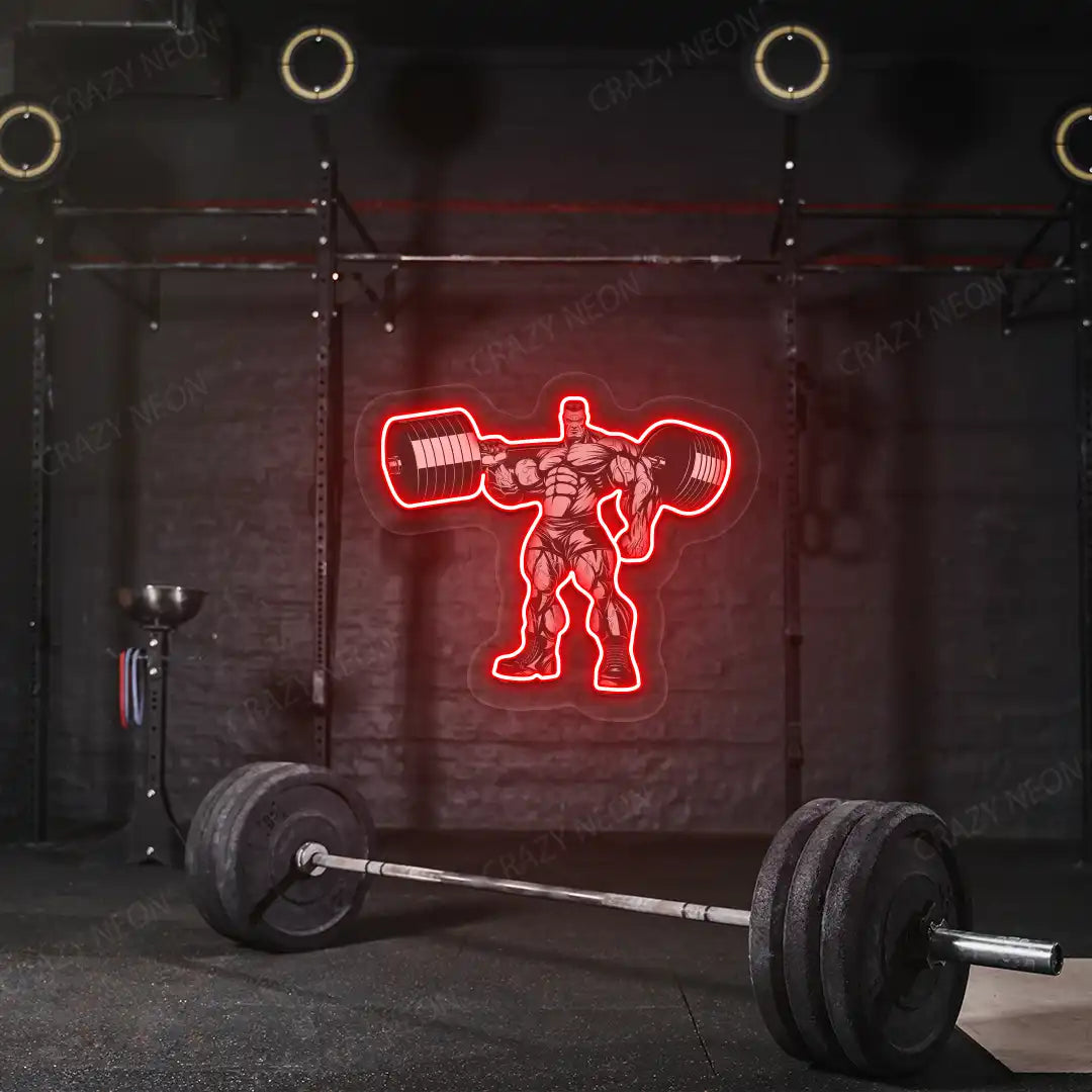red bodybuilder power flex gym neon artwork mounted on a wall