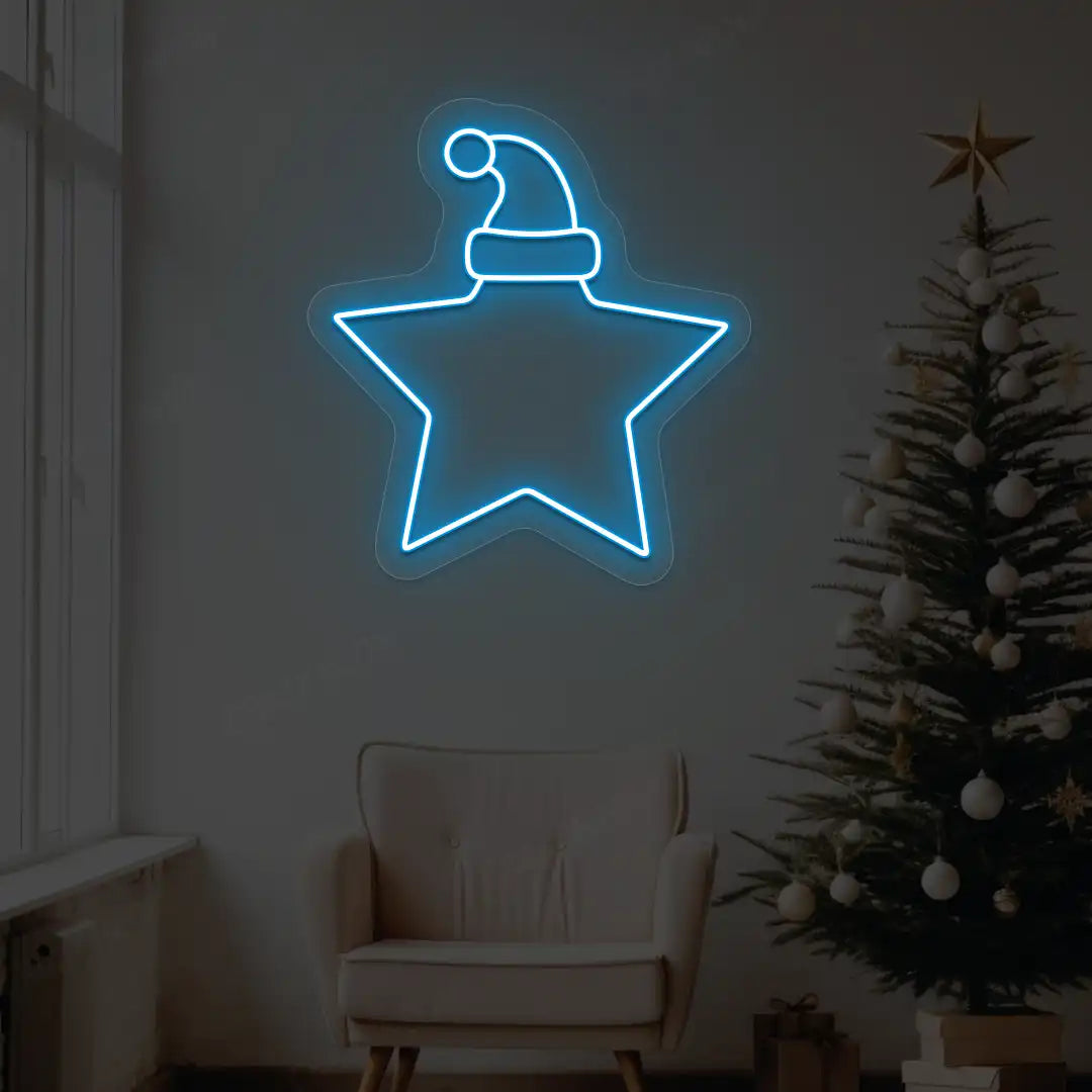 Santa Hat On Star Neon Sign | Iceblue
