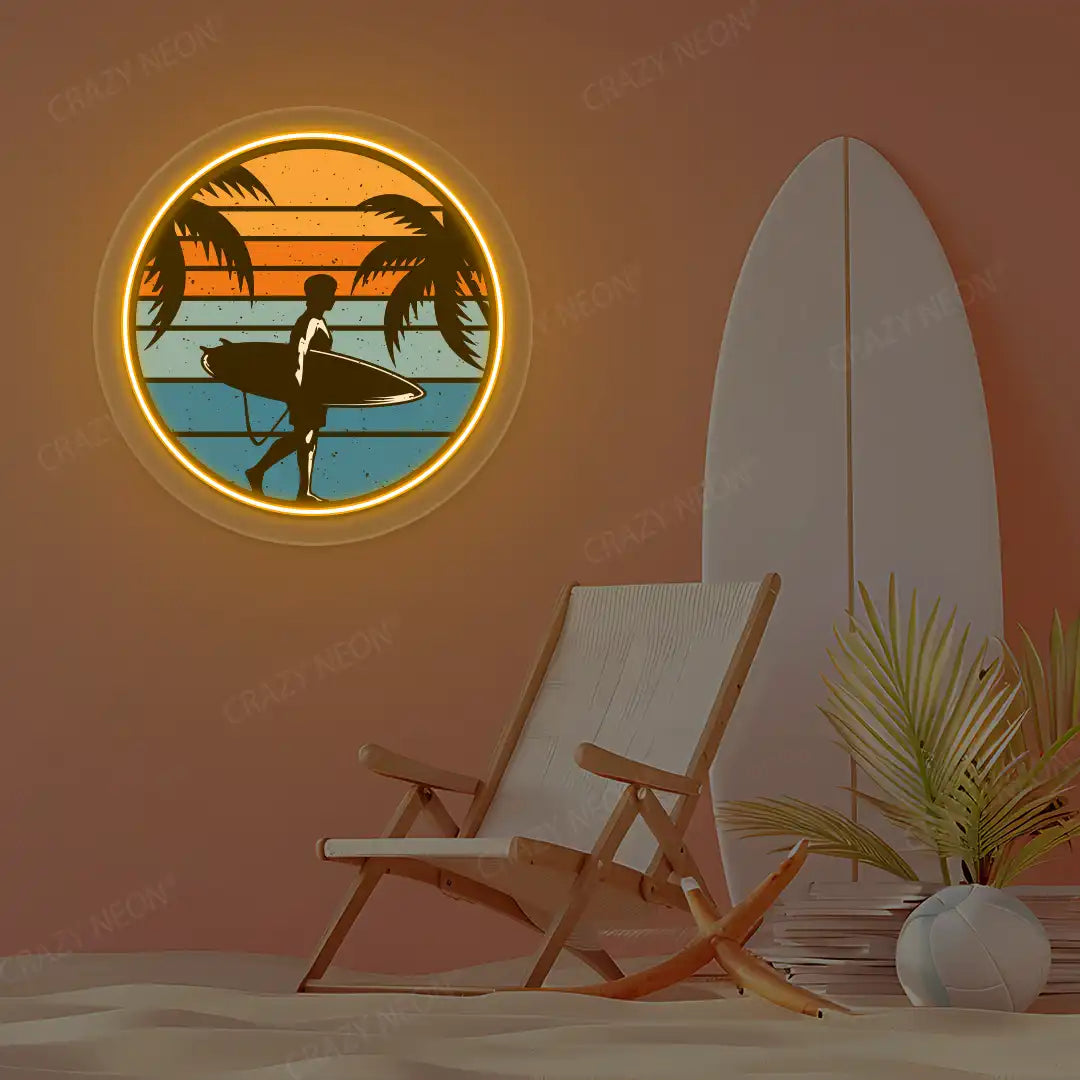 orange surfer silhouette tropical sunset neon artwork mounted on a wall