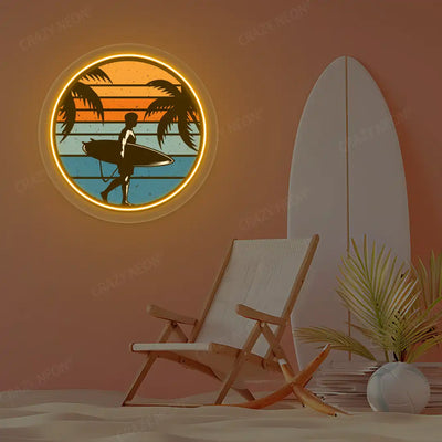 orange surfer silhouette tropical sunset neon artwork mounted on a wall