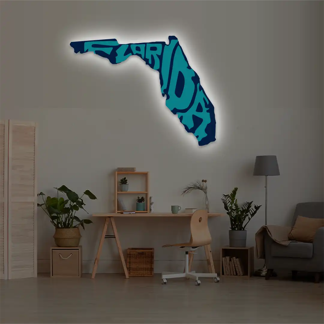 Florida map backlit metal wall art vinyl print with warm white LED glow