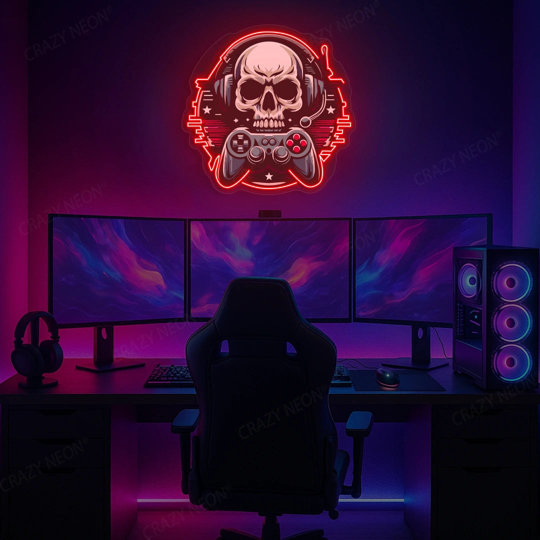 Gamer Skull Headphone Neon Artwork in red color