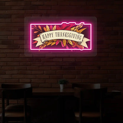 Autumn leaves happy thanksgiving neon sign in pink