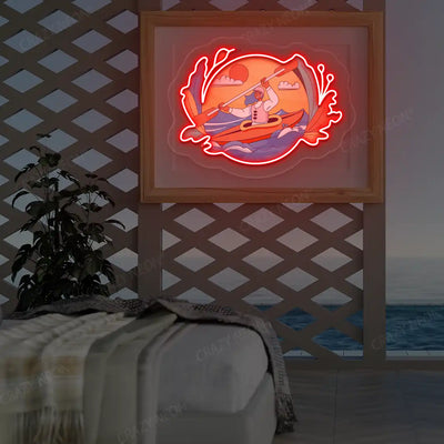 red kayak dreamscape neon artwork mounted on a wall