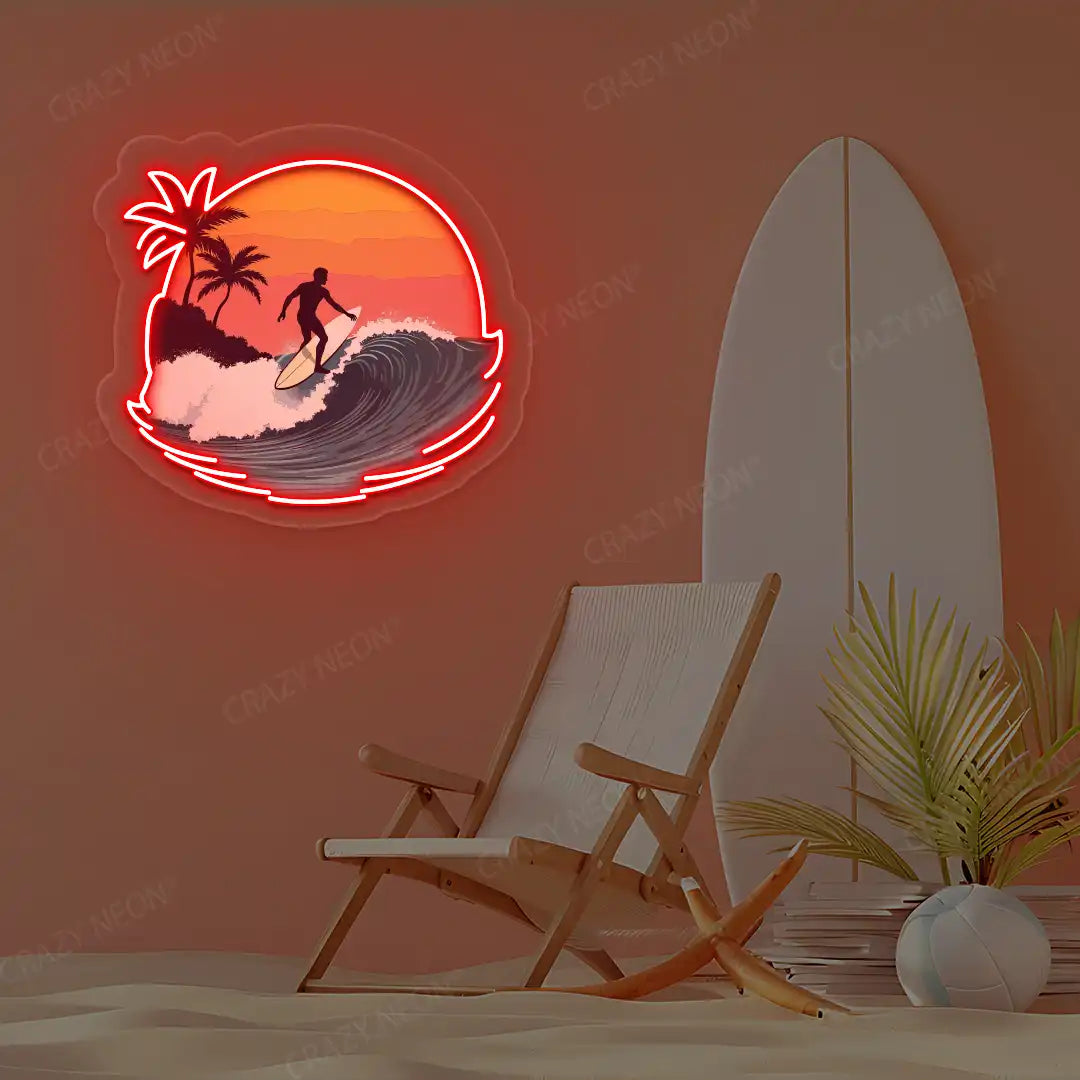 red surfer wave palm tree neon artwork mounted on a wall