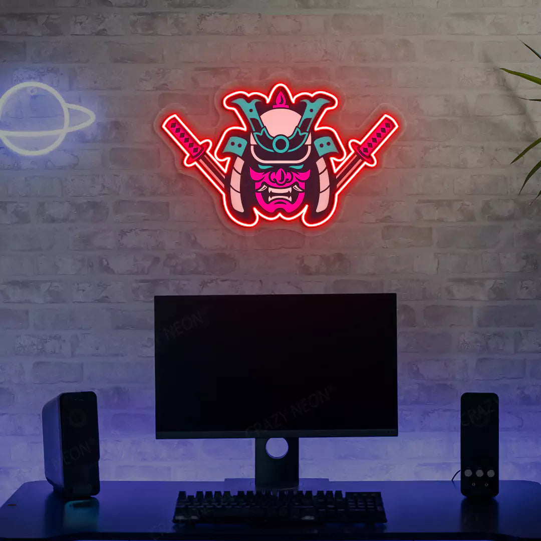 Samurai Mask Neon Artwork in Red color Mounted on Wall
