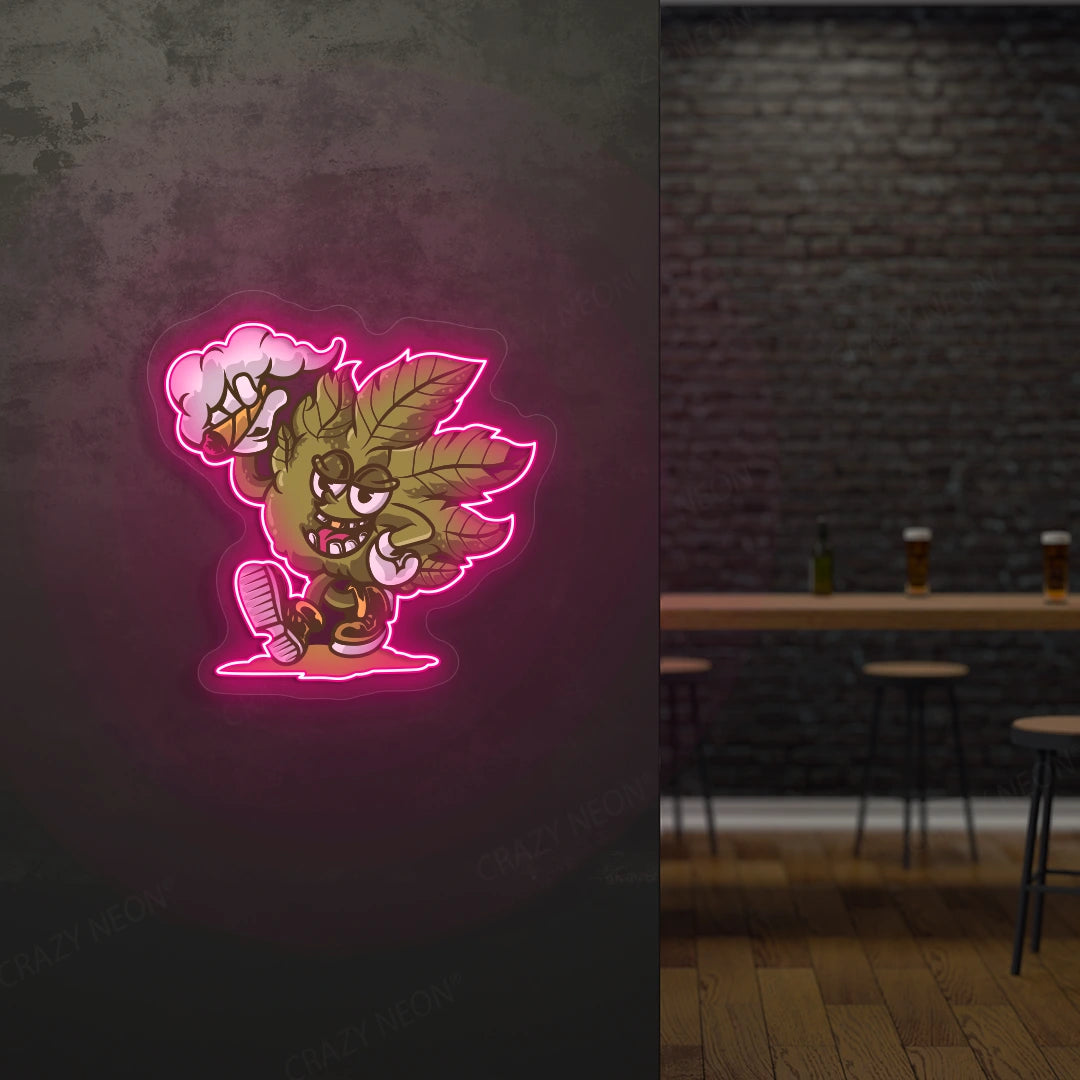 Cool Weed Leaf Character Neon Artwork in pink color