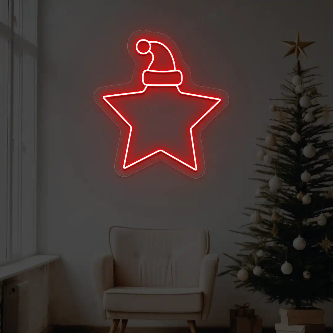 Santa Hat On Star Neon Sign | Red