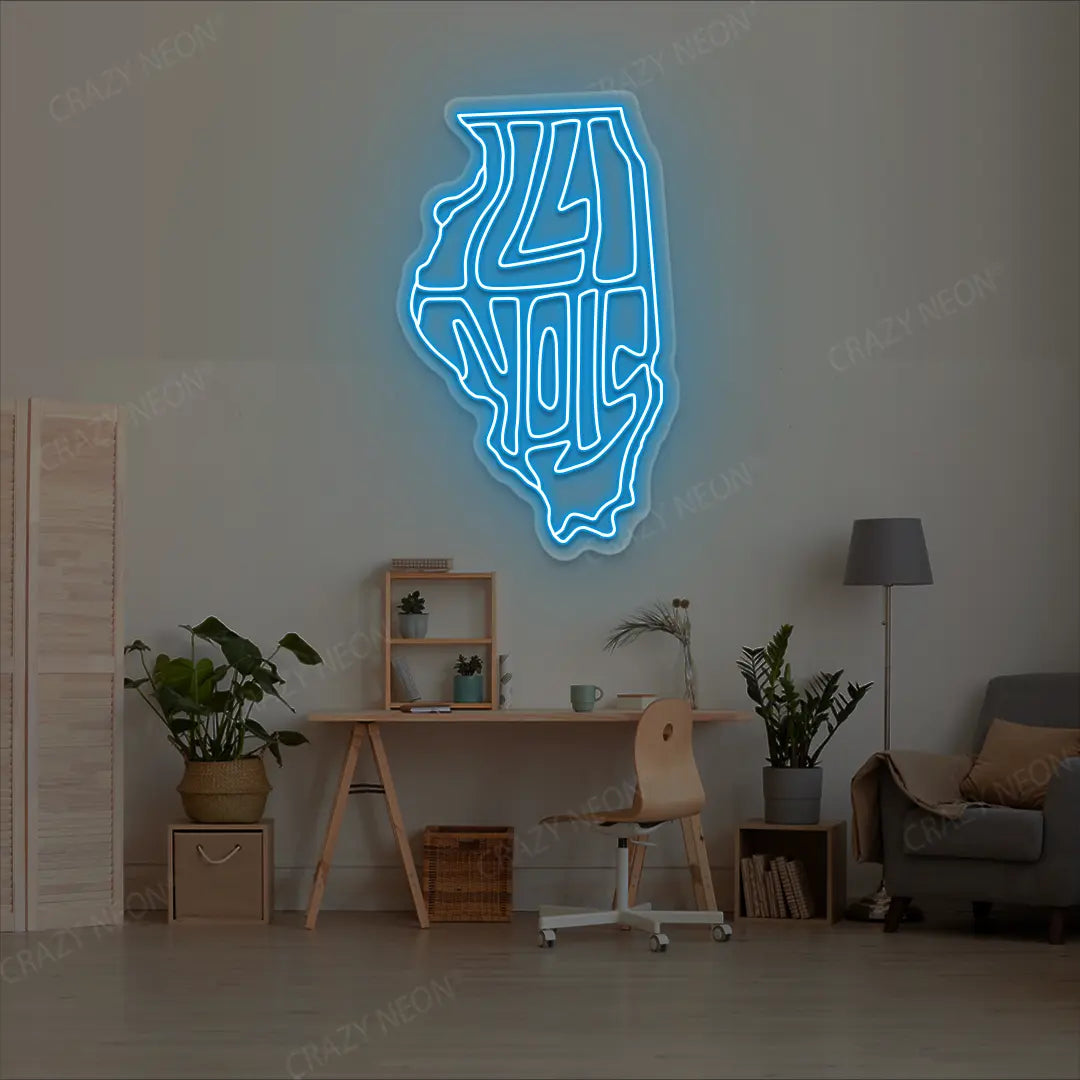 ILLINOIS Map Neon Sign lighting up in iceblue color in a room