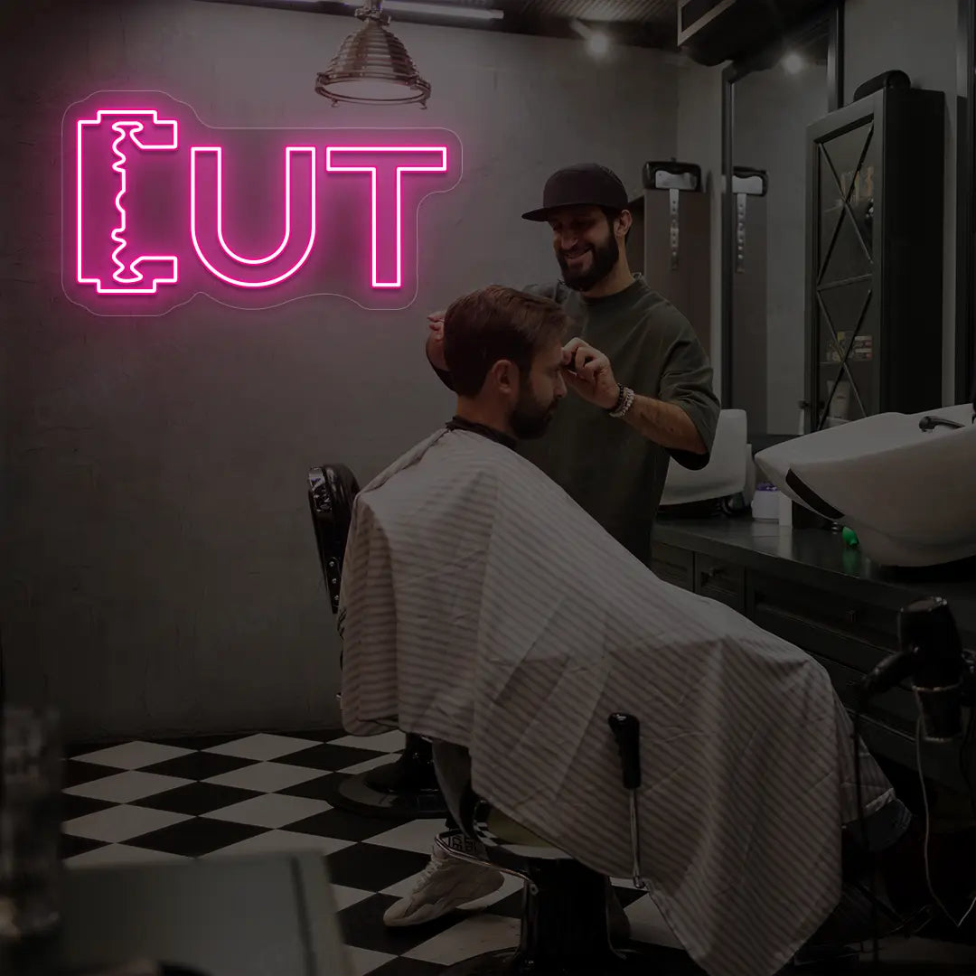 Cut Blade Barber Neon Sign in Pink color
