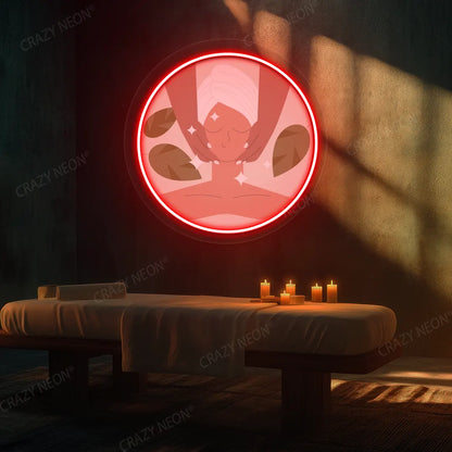 Facial Massage Neon Artwork lighting up in red color on a spa wall