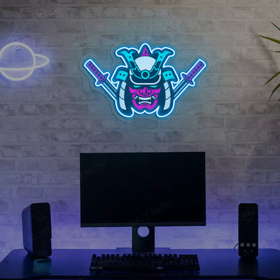 Samurai Mask Neon Artwork in Ice Blue color Mounted on Wall