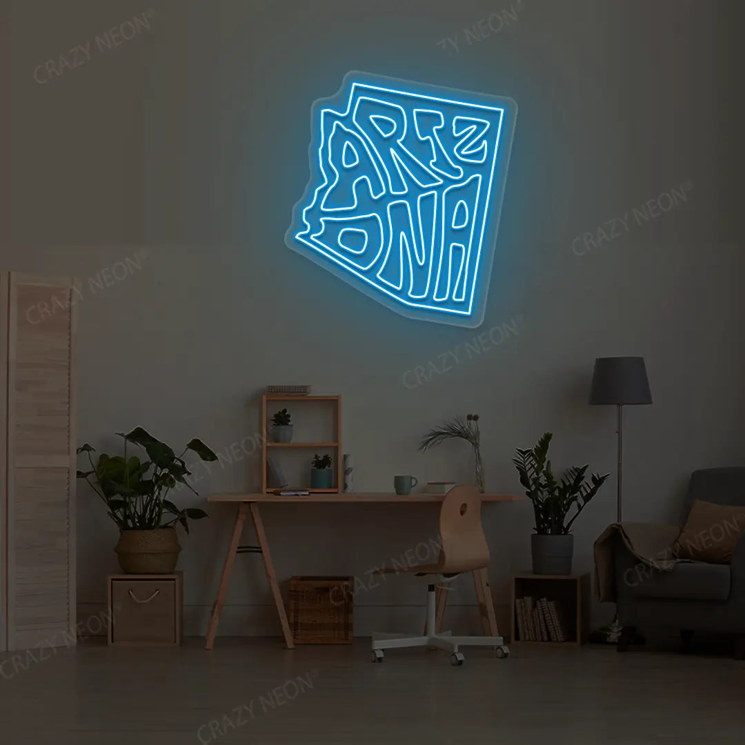 ARIZONA Map Neon Sign lighting up in iceblue color in a room