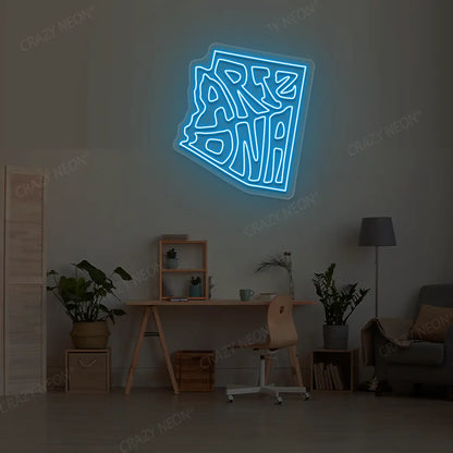ARIZONA Map Neon Sign lighting up in iceblue color in a room