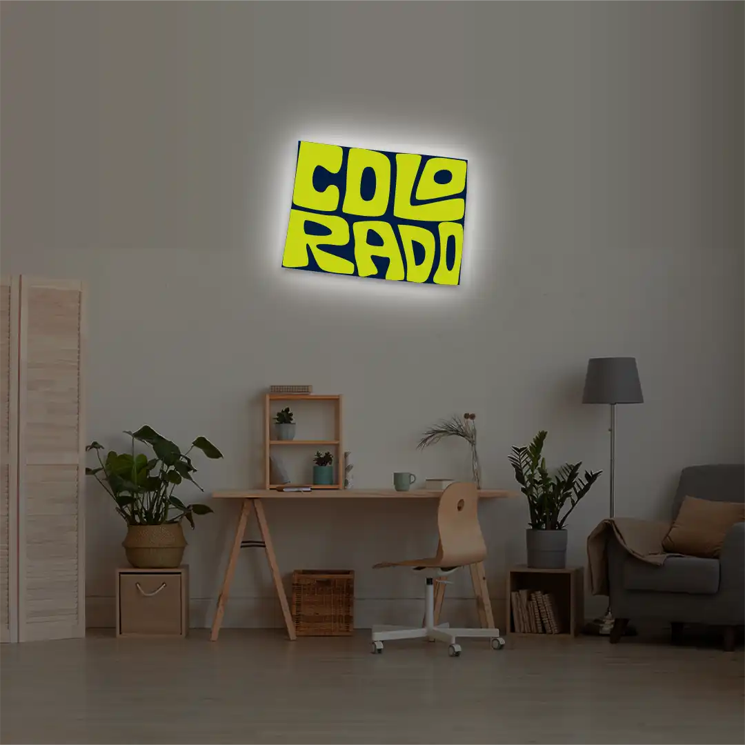 Colorado map backlit metal wall art vinyl print with warm white LED glow