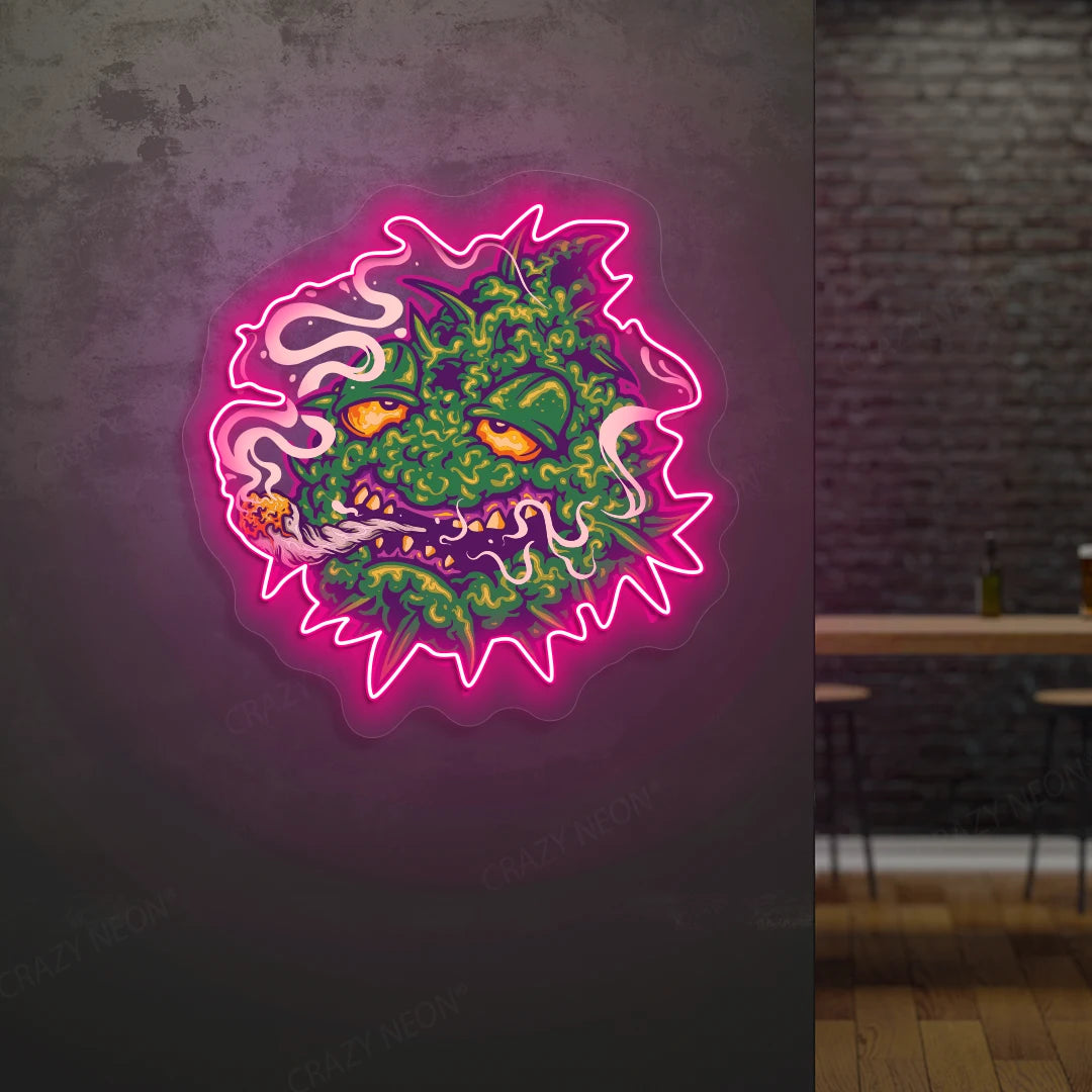 Trippy Weed Monster Neon Artwork in Pink Color