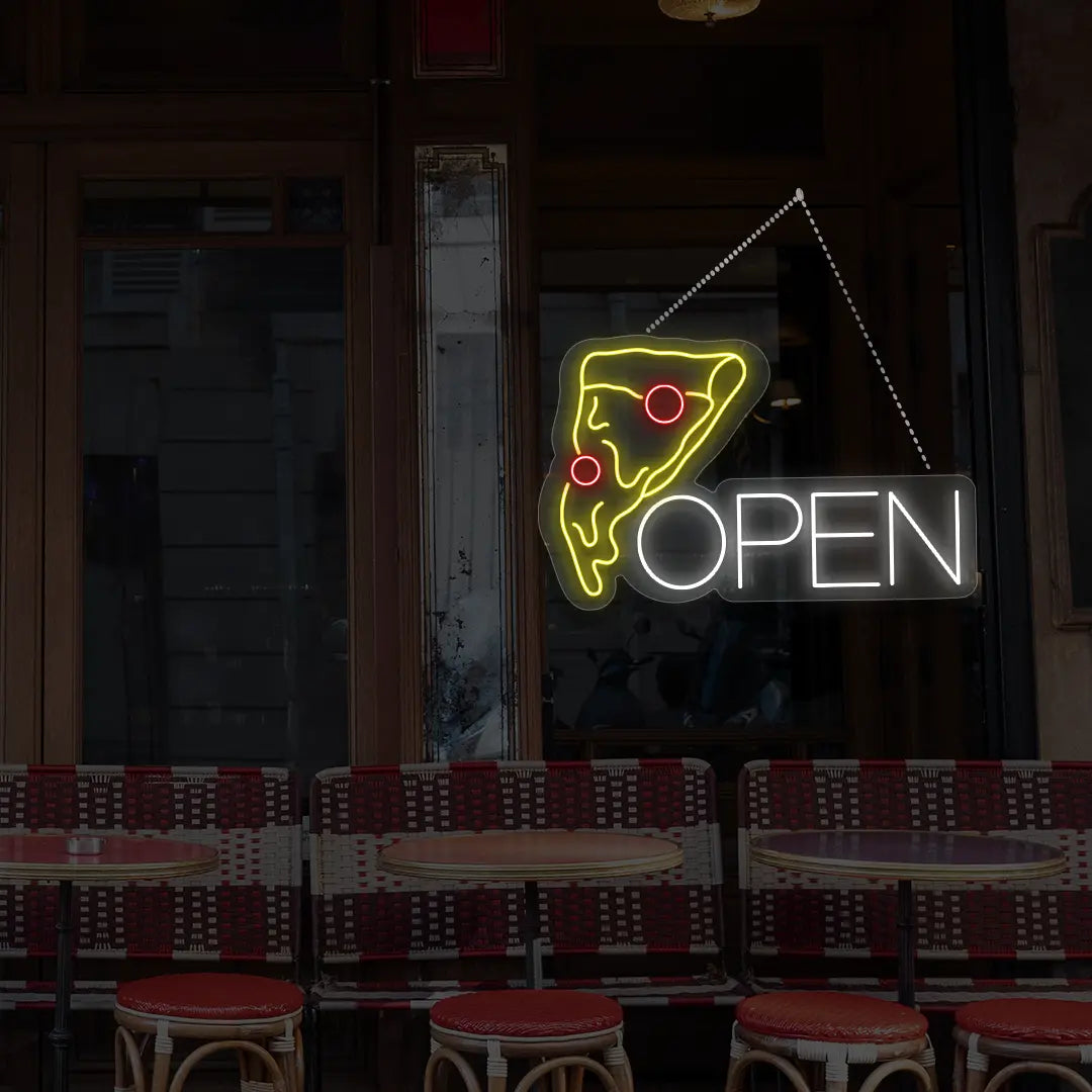 white pizza open neon sign hanging on a window